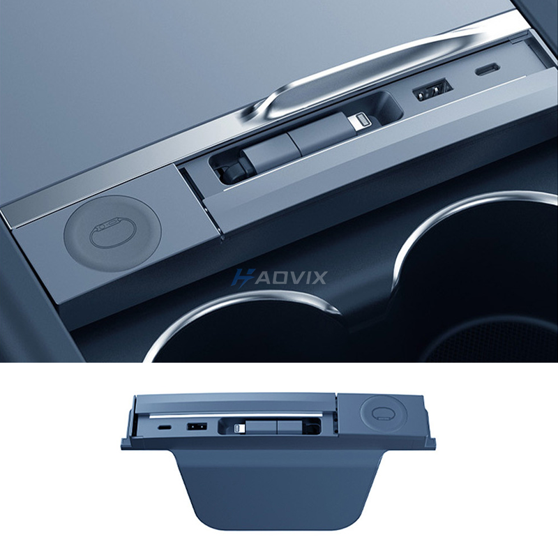 Haovix 3-in-1 Smart Center Console Charging Dock for Tesla Model 3 Highland & Model Y Juniper – Multi-Port Fast Charging, Apple Watch Wireless Charger, Ambient LED