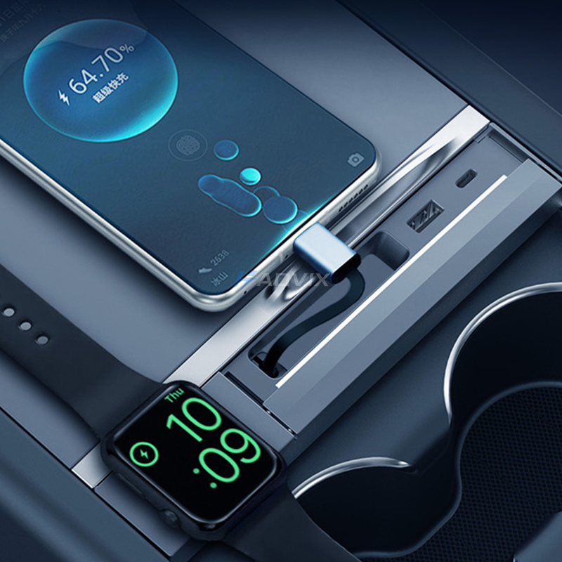 Haovix 3-in-1 Smart Center Console Charging Dock for Tesla Model 3 Highland & Model Y Juniper – Multi-Port Fast Charging, Apple Watch Wireless Charger, Ambient LED