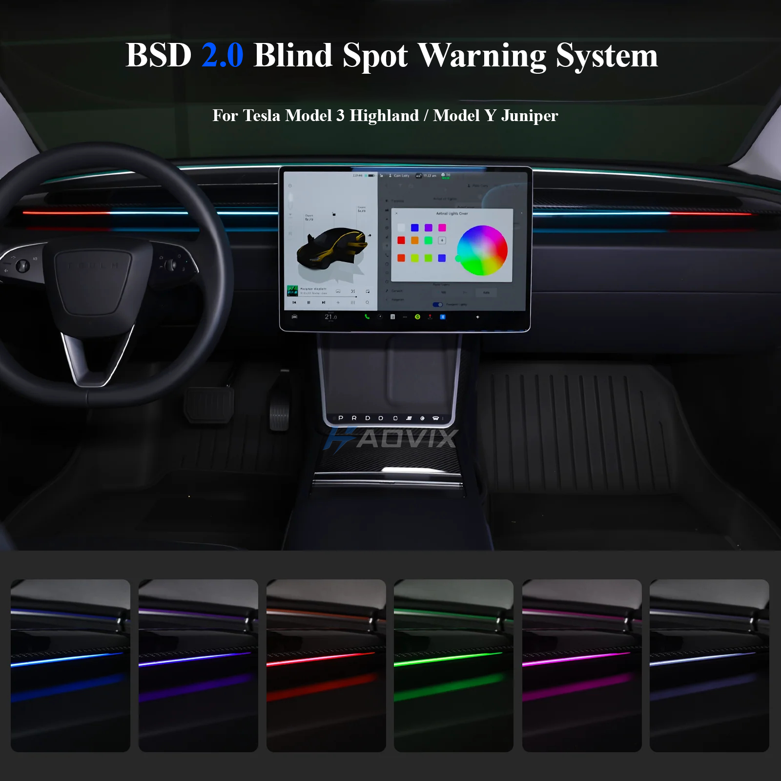 Haovix BSD 2.0 Blind Spot Warning System with Ambient Lighting For Tesla Model 3 Highland / Mdoel Y Juniper
