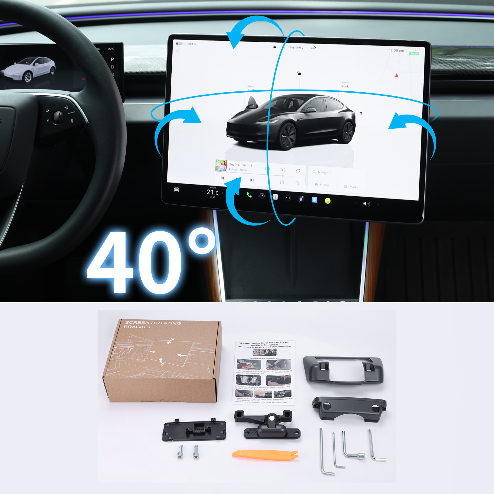 Haovix V3 Dashboard Screen Swivel Mount kit (Keep Original Height) For Model 3/Y/3 Highland/Model Y Juniper