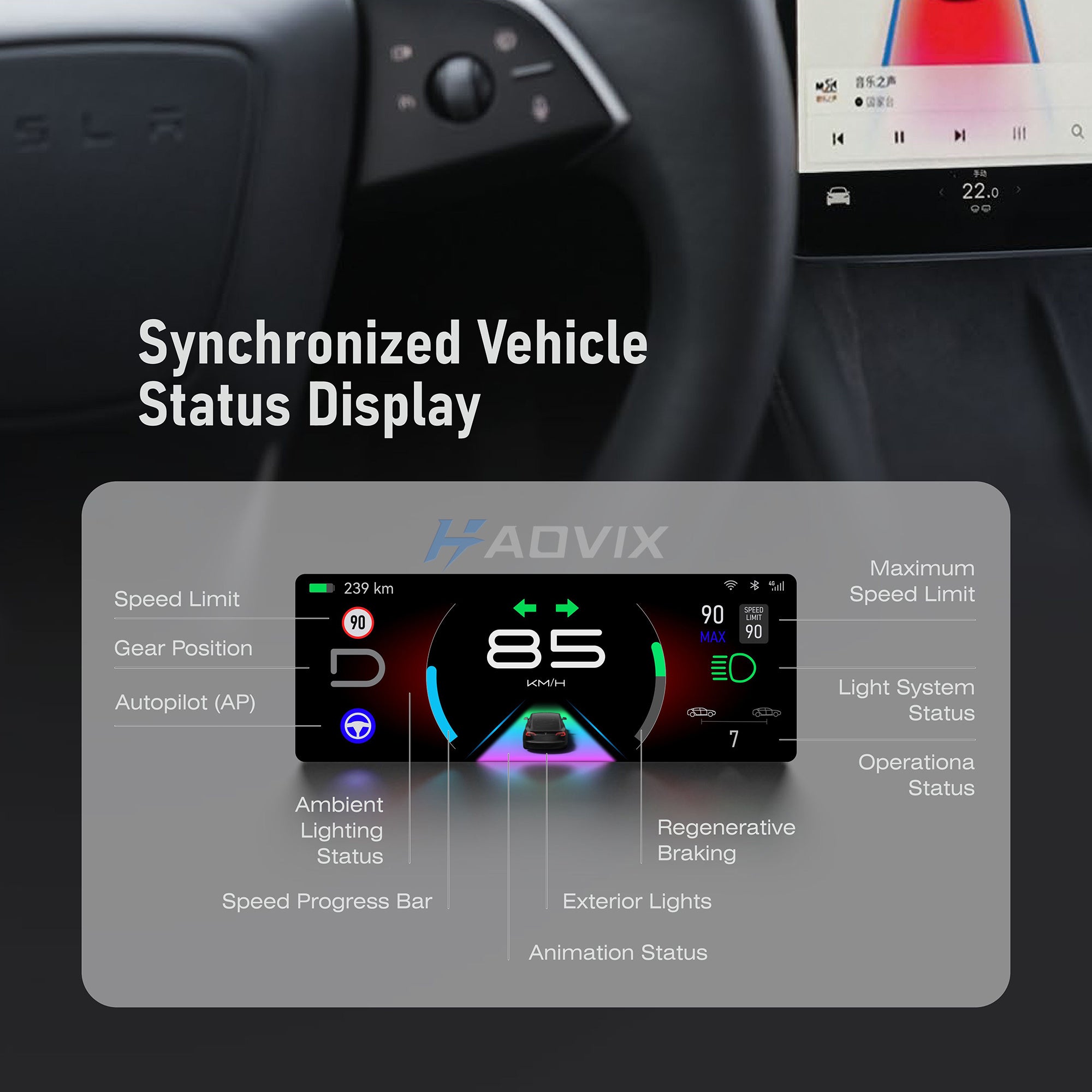Haovix 7-inch Touch Screen Dashboard Display with Gear Shift for Tesla Model 3 Highland