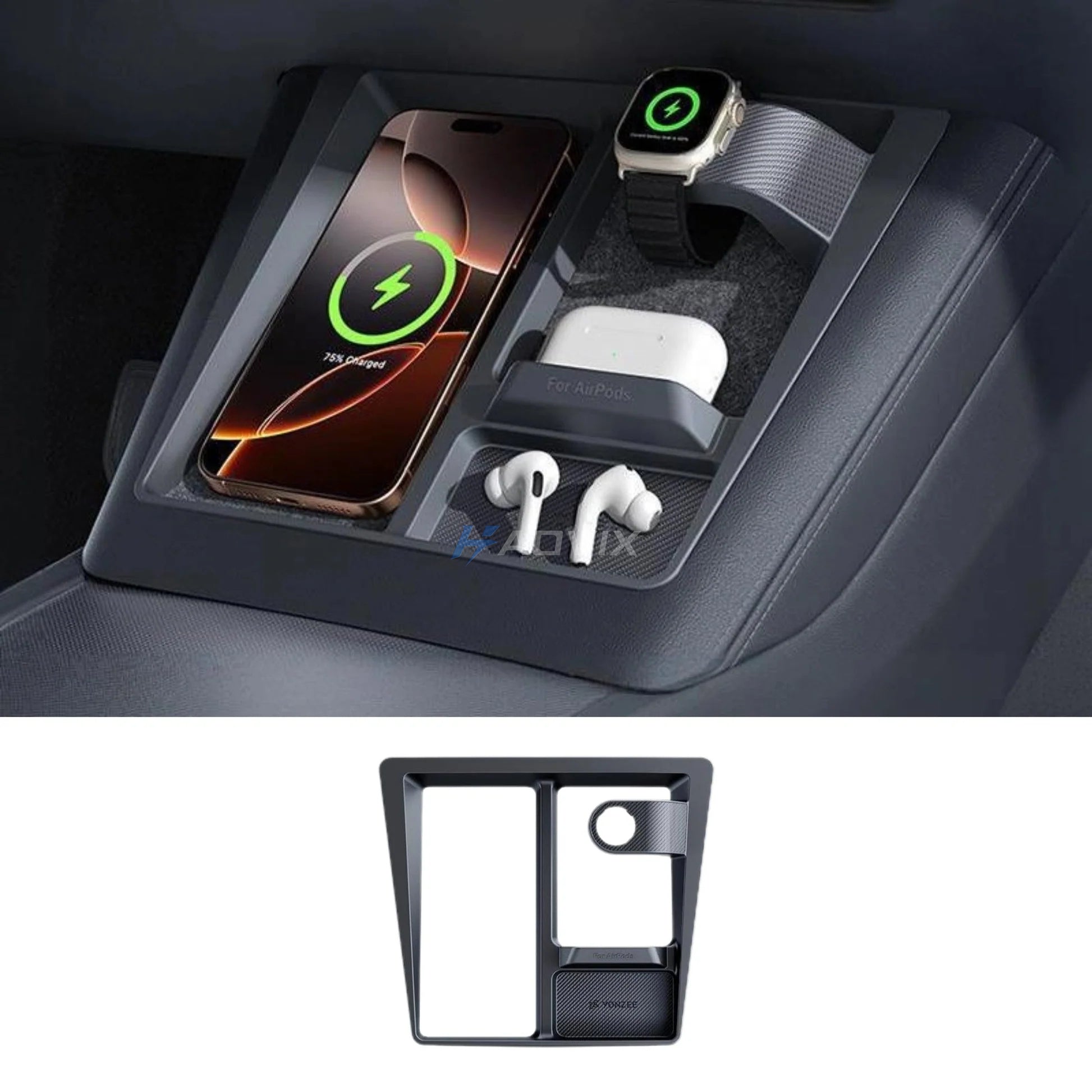 Haovix Center Console 3-in-1 Wireless Charging Anti-Slip Organizer for Model Y Juniper & Model 3 Highland