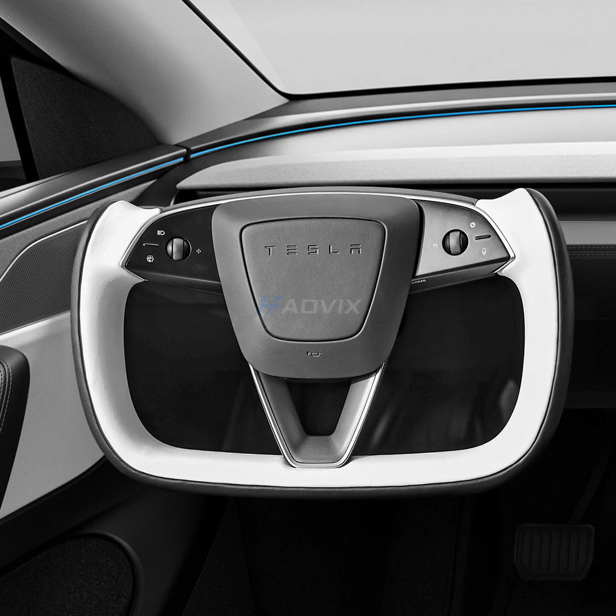 Haovix Two-Tone Nappa Leather Yoke Steering Wheel for Tesla Model 3 Highland & Model Y Juniper