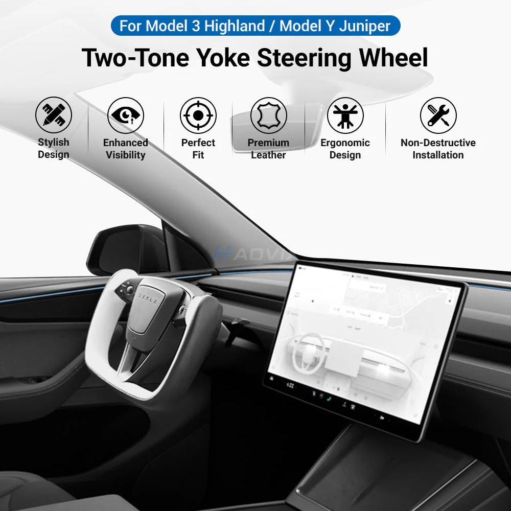 Haovix Two-Tone Nappa Leather Yoke Steering Wheel for Tesla Model 3 Highland & Model Y Juniper