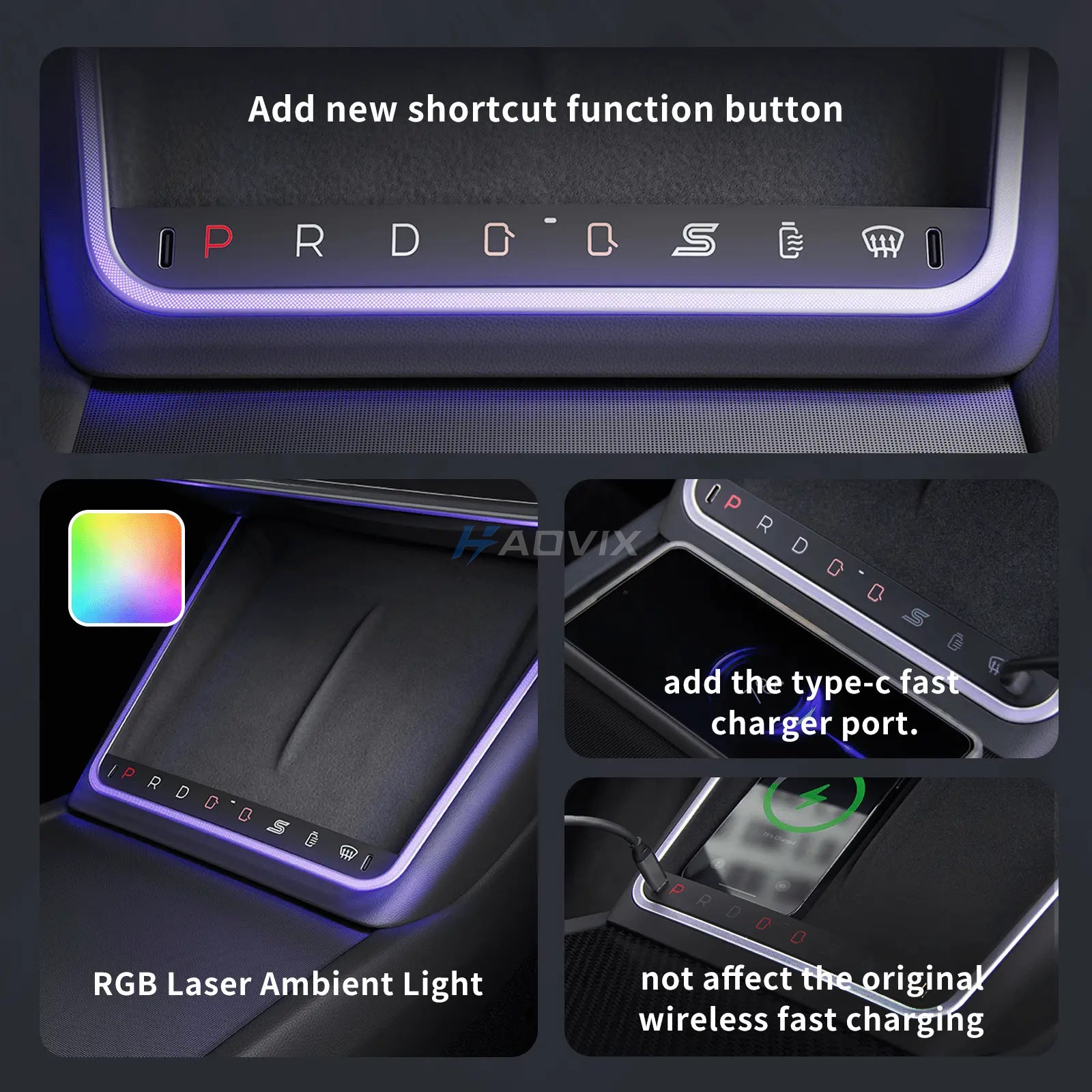 Haovix Center Console Wireless Charger with Shortcut Buttons & Ambient LED For Model 3 Highland/Model Y Juniper